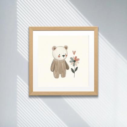 Bear With A Daisy Nursery Art Print, Kids Bedroom..