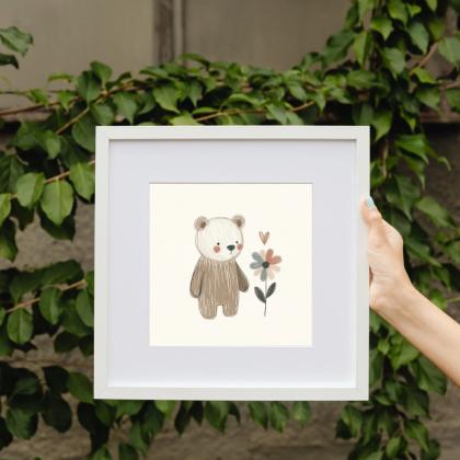 Bear With A Daisy Nursery Art Print, Kids Bedroom..