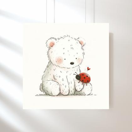 Bear And Ladybug Nursery Art Print, Kids Bedroom..