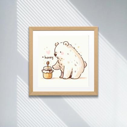 Bear And Honey Nursery Art Print, Kids Bedroom..