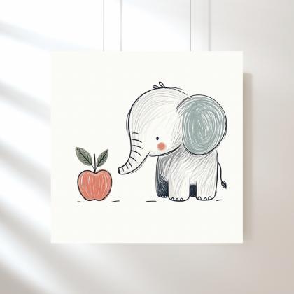 Elephant And The Apple Nursery Art Print, Kids..