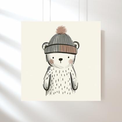 Bear In Beanie Nursery Art Print, Kids Bedroom..