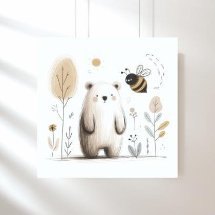 Bear With Bee In Sunshine Nursery Art Print, Kids..