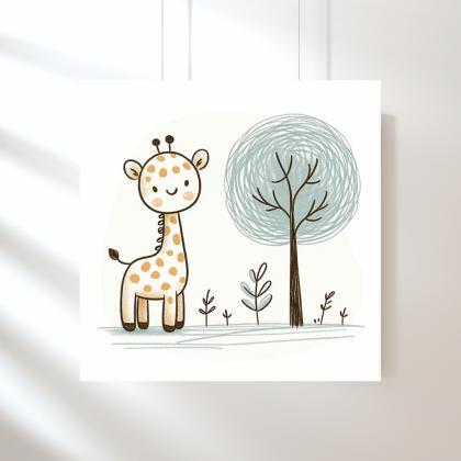 Playful Giraffe And Tree Nursery Art Print, Kids..