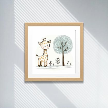 Playful Giraffe And Tree Nursery Art Print, Kids..