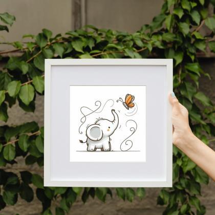 Baby Elephant And A Butterfly Nursery Art Print,..