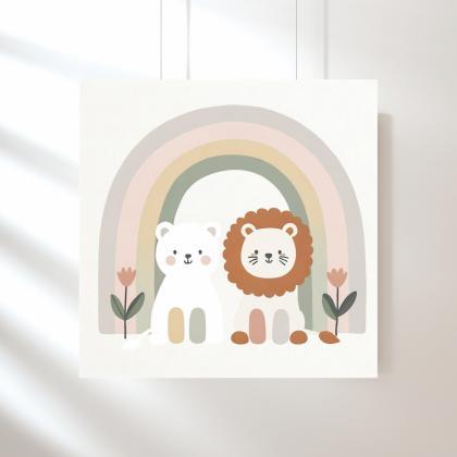 Bear And Lion Friends Under The Rainbow Nursery..