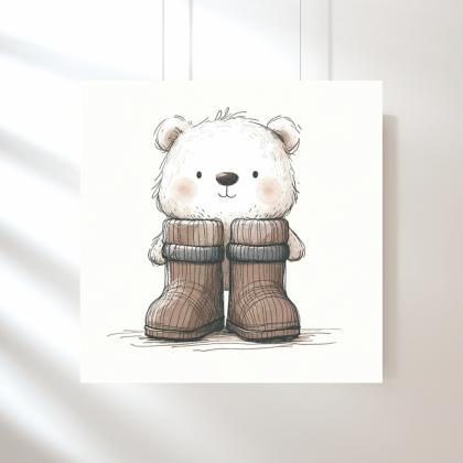 Bear In Boots Nursery Art Print, Kids Bedroom Wall..