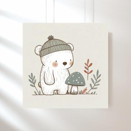 Bear And Mushroom In Autumn Nursery Art Print,..