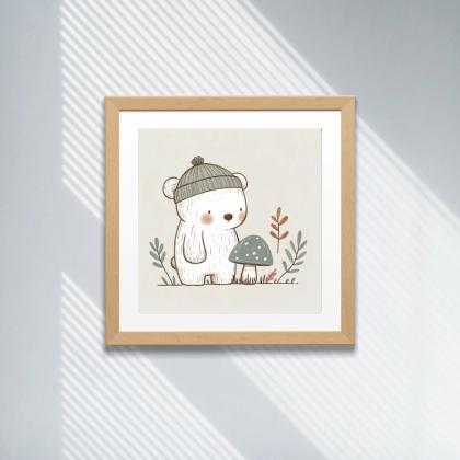 Bear And Mushroom In Autumn Nursery Art Print,..