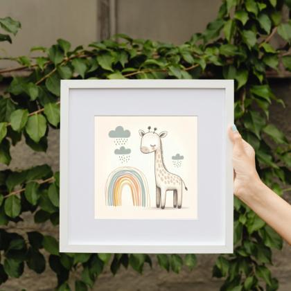 Giraffe And Rainbow Nursery Art Print, Kids..