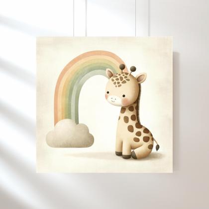Giraffe And Pastel Rainbow Nursery Art Print, Kids..