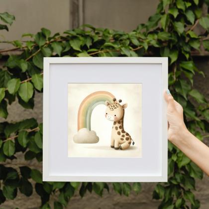 Giraffe And Pastel Rainbow Nursery Art Print, Kids..
