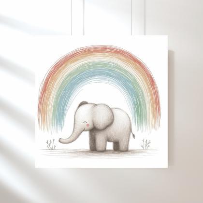Baby Elephant Under The Rainbow Nursery Art Print,..