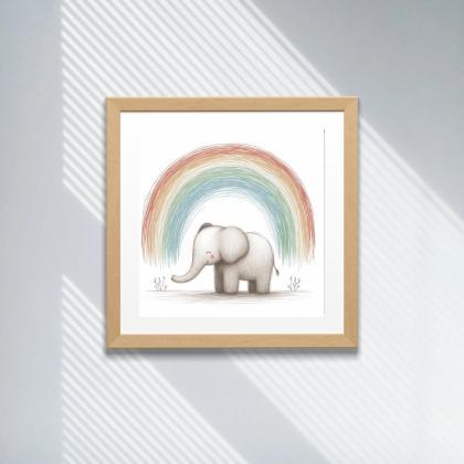 Baby Elephant Under The Rainbow Nursery Art Print,..