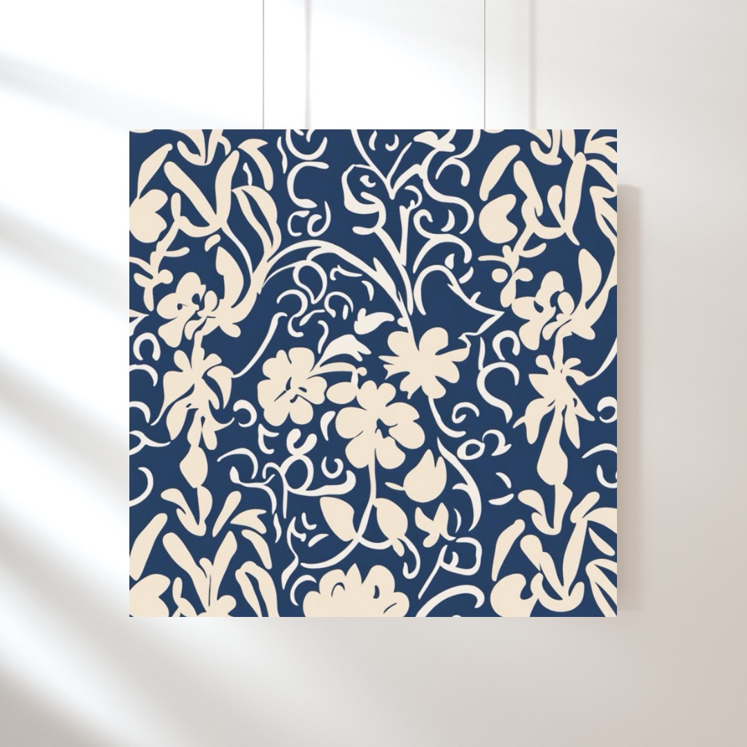 Midnight Florals Digital Art Print, Blue And Cream Abstract Wall Art, Minimalist Art Print