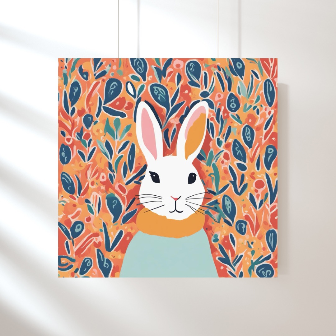 Whimsical Woodland Bunny Digital Art Print, Square Art Print, Vibrant Rabbit Wall Art, Colorful Art Print, Printable Art Home Decor