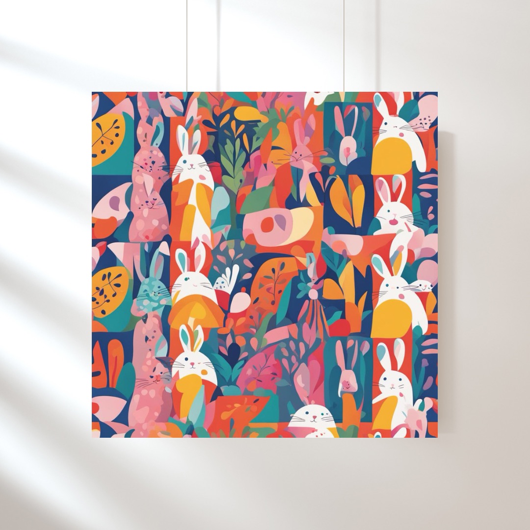 Bunny Bliss Abstract Art Print, Square Digital Art Print, Vibrant Rabbit Wall Art, Colorful Art Print, Printable Art Home Decor