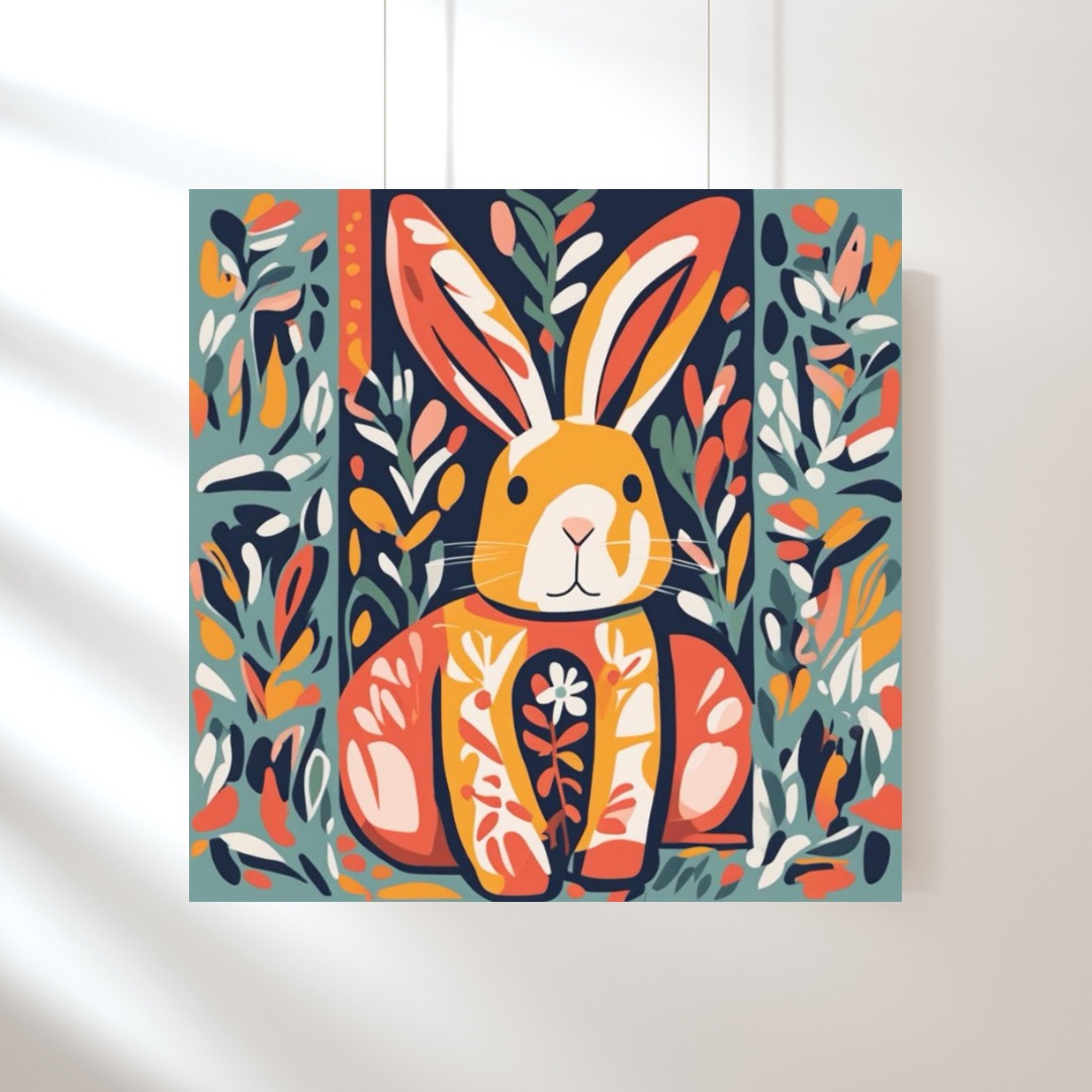 Garden Guardian Patterned Rabbit Abstract Art Print, Square Digital Art Print, Vibrant Rabbit Wall Art, Colorful Art Print, Printable Art Home