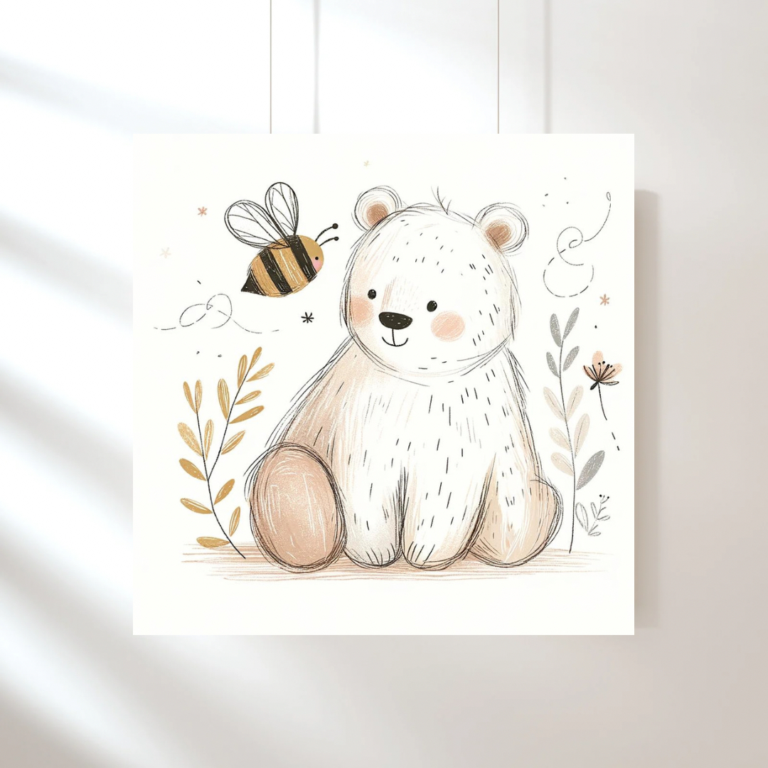 Bear And Bee Friends Nursery Art Print, Kids Bedroom Wall Art, Nursery Kids Bedroom Decor