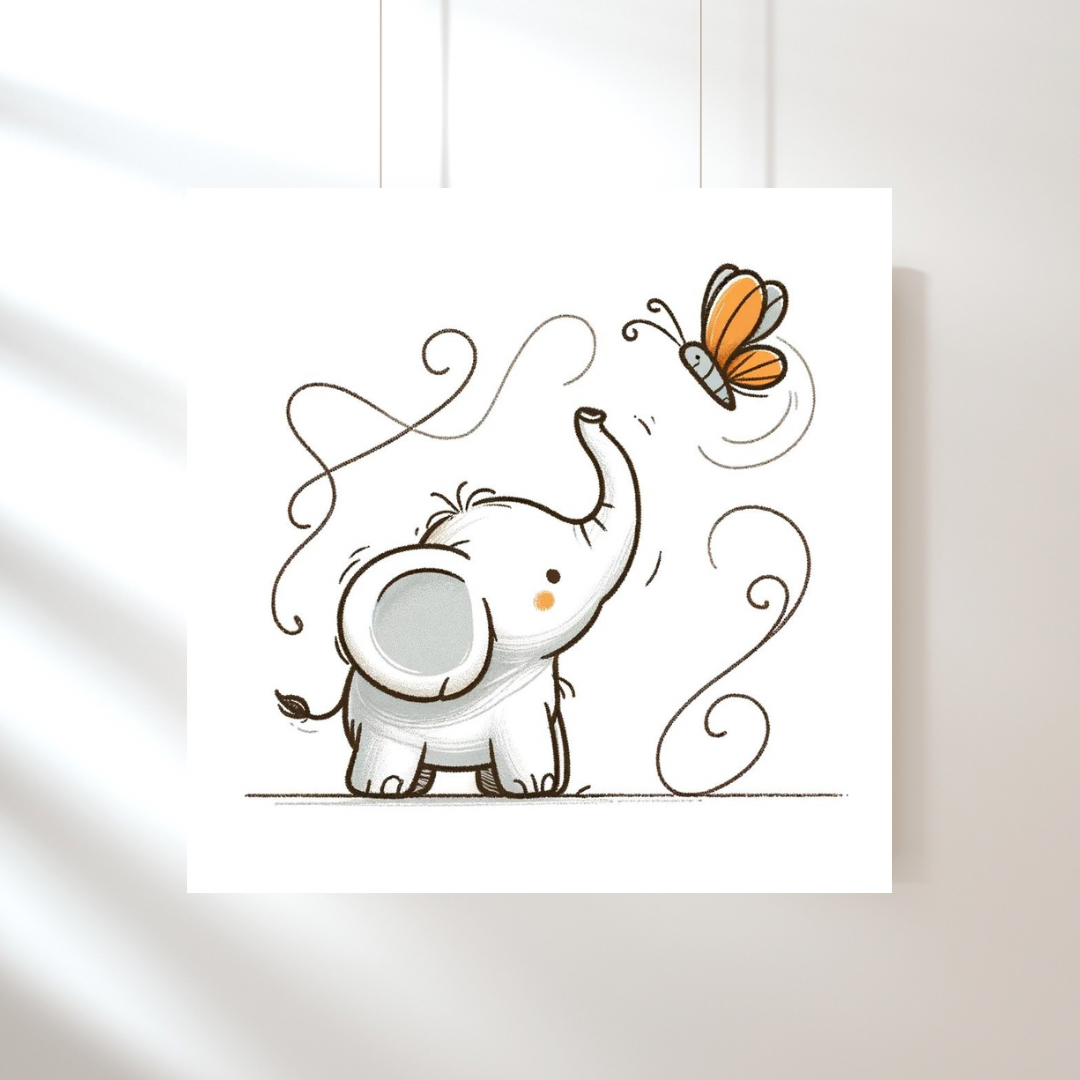 Baby Elephant And A Butterfly Nursery Art Print, Kids Bedroom Wall Art, Nursery Kids Bedroom Decor