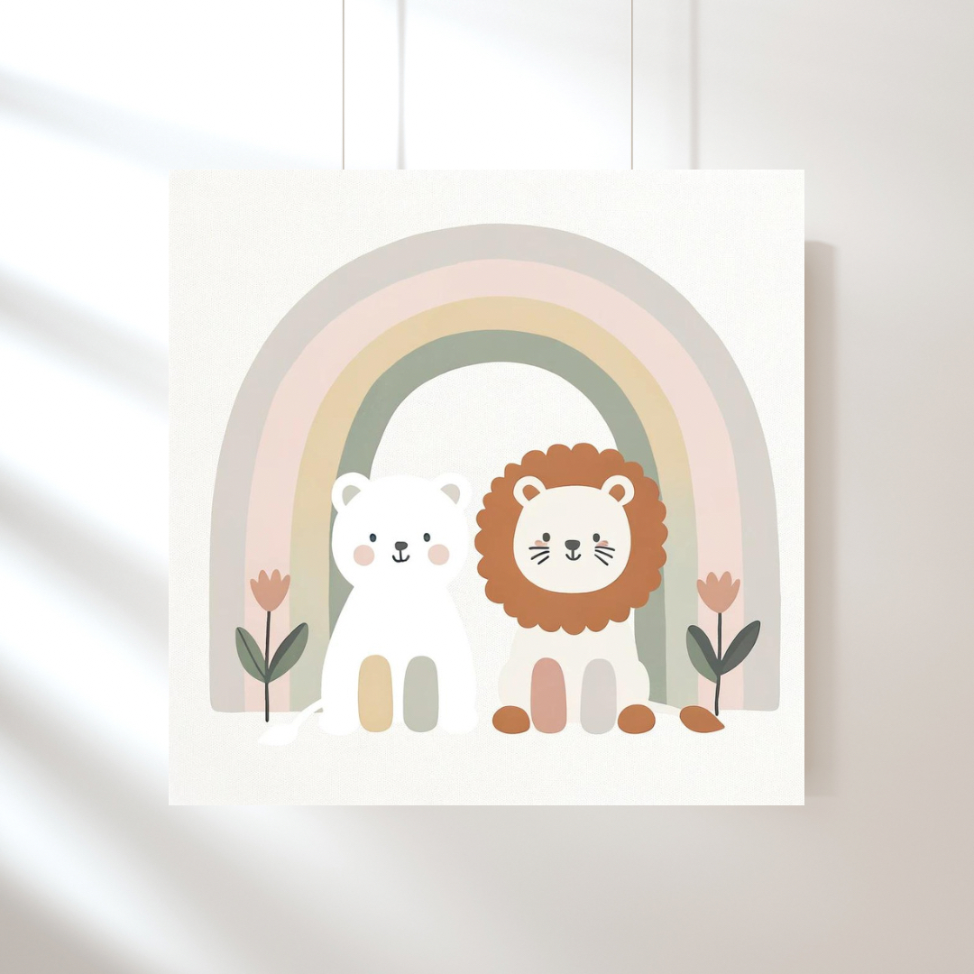 Bear And Lion Friends Under The Rainbow Nursery Art Print, Kids Bedroom Wall Art, Nursery Kids Bedroom Decor