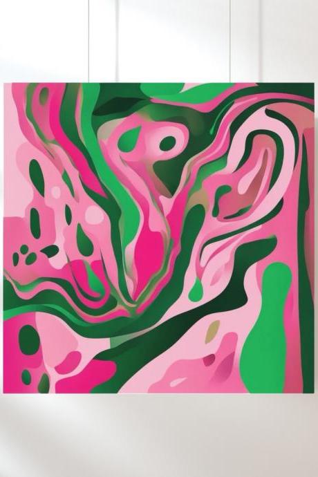 Verdant Whorls Digital Art Print, Vibrant Abstract Wall Art, Pink And Green Abstract Art Print, Vibrant Home Decor