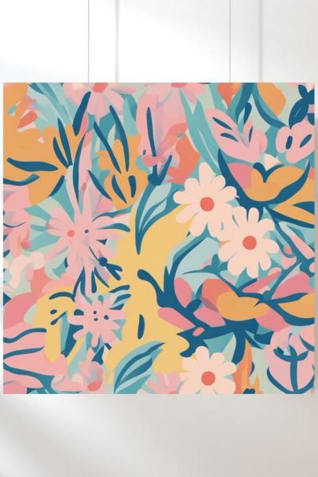 Sunshine Meadow Floral Digital Art Print, Canvas Square Art Print, Minimalist Wall Art, Pink Abstract Flowers, Printable Arts