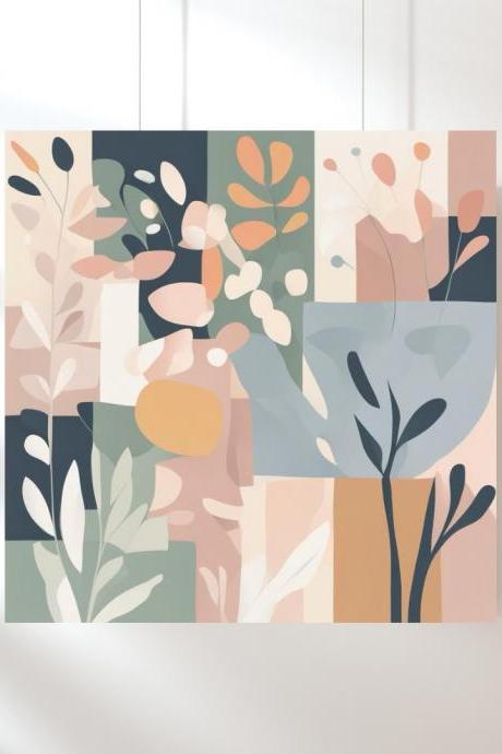 Abstract Botanical Harmony Floral Digital Art Print, Canvas Square Art Print, Modern Minimalist Wall Art, Printable Arts