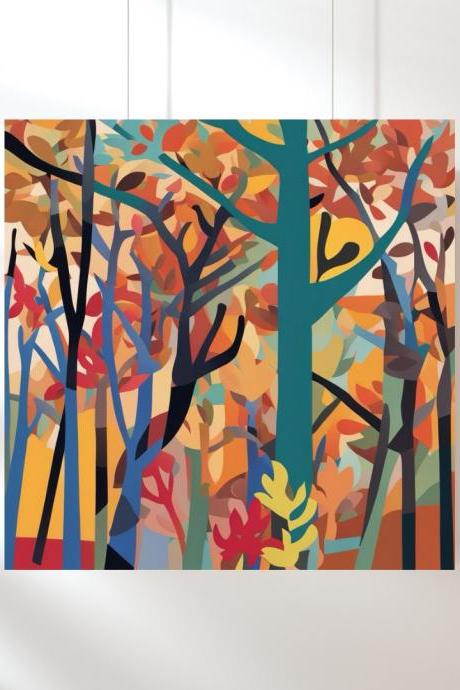 Whispering Autumn Woods Abstract Art Print, Square Digital Art Print, Vibrant Autumnal Wall Art, Colorful Art Print, Printable Art Home Decor
