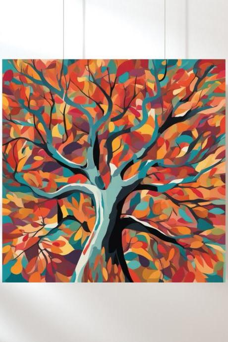 Seasonal Majesty Autumn Abstract Art Print, Square Digital Art Print, Vibrant Autumn Tree Wall Art, Colorful Art Print, Printable Art Home Decor