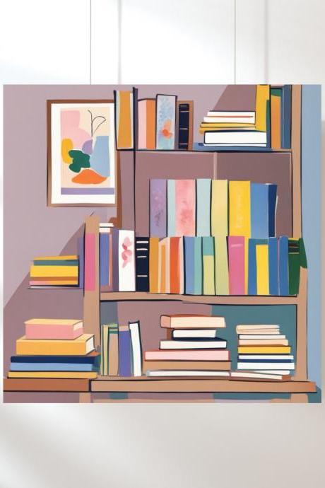 Literary Haven Books Art Print, Square Digital Art Print, Bookshelf Wall Art, Printable Art Home Decor