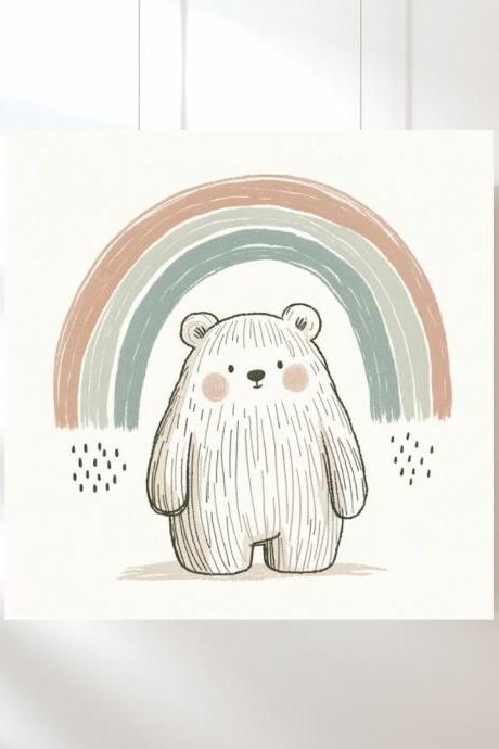 Bear Beneath The Rainbow Nursery Art Print, Kids Bedroom Wall Art, Nursery Kids Bedroom Decor