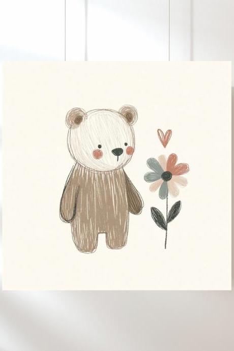 Bear With A Daisy Nursery Art Print, Kids Bedroom Wall Art, Nursery Kids Bedroom Decor