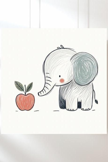 Elephant And The Apple Nursery Art Print, Kids Bedroom Wall Art, Nursery Kids Bedroom Decor
