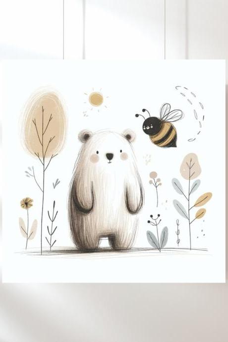 Bear With Bee In Sunshine Nursery Art Print, Kids Bedroom Wall Art, Nursery Kids Bedroom Decor