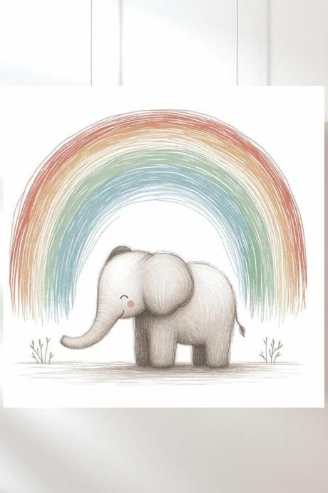 Baby Elephant Under The Rainbow Nursery Art Print, Kids Bedroom Wall Art, Nursery Kids Bedroom Decor