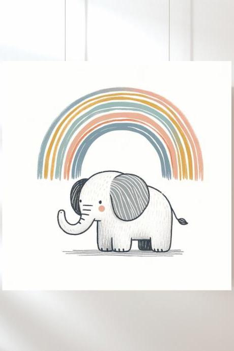 Elephant With A Colorful Rainbow Overhead Nursery Art Print, Kids Bedroom Wall Art, Nursery Kids Bedroom Decor