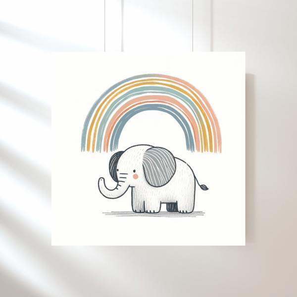 Elephant with a Colorful Rainbow Overhead Nursery Art Print, Kids Bedroom Wall Art, Nursery Kids Bedroom Decor